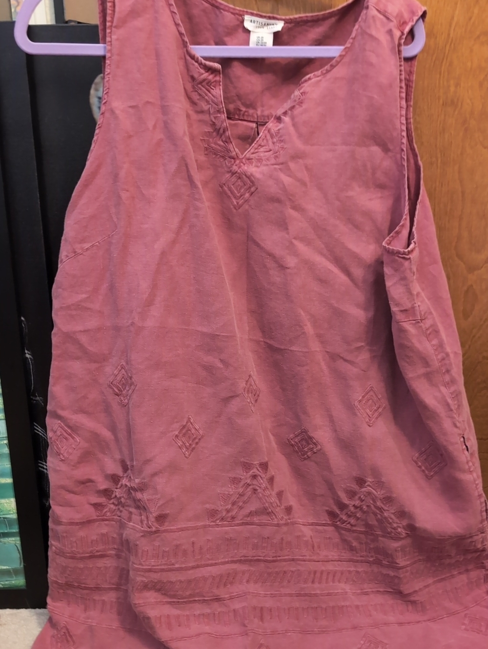 Artisan Ny Linen Dusty Rose Embroidered Sleeveless Tank Or Short Dress